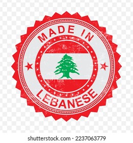 Vector illustration of round red stamp. Made in Lebanese on transparent background (PNG).