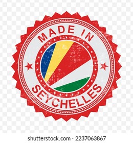 Vector illustration of round red stamp. Made in Seychelles on transparent background (PNG).