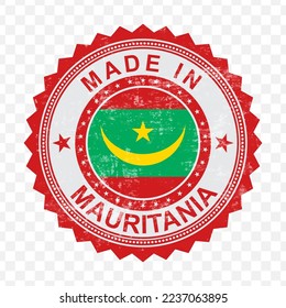 Vector illustration of round red stamp. Made in Mauritania on transparent background (PNG).
