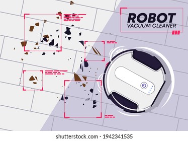 Vektorgrafik eines runden Roboter-Vakuumreinigers, Draufsicht, Reinigung der Müll auf dem Boden mit einem autonomen Roboter-Staubsauger