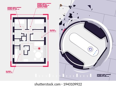 Vektorgrafik eines runden Roboterstaubsaugers, Draufsicht, Reinigung des Mülls auf dem Boden mit einem autonomen Roboter-Staubsauger, Raumkarte mit Bewegungsrichtung im Wohnzimmer