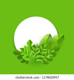 Vector illustration of round shape with fresh plant leaves and copy space isolated on green background - floral decorative element with tropical foliage for natural design.