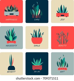 Vector illustration of round shape icons of indoor flowers gardening