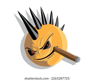 vector illustration of a round shaped orange cartoon object with sharp hair and a head with two eyes and eyebrows and a smiling mouth smoking a cigarette