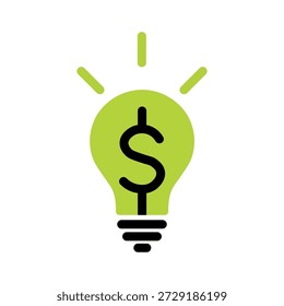 Vector illustration of a round sign "idea" in the form of a lamp with rays and a dollar sign on a transparent background, for business, finance, startup, growth