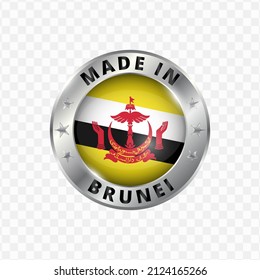 Vector illustration Round silver badge. Made in Brunei on transparent background 
