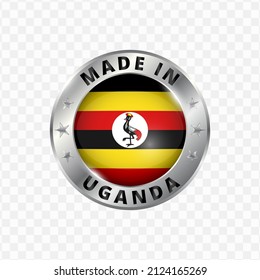 Ilustración vectorial Insignia de plata redonda. Hecho en Uganda con antecedentes transparentes 
