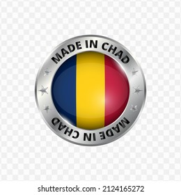 Vector illustration Round silver badge. Made in Chad on transparent background 