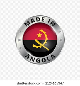 Vector illustration Round silver badge. Made in Angola on transparent background 