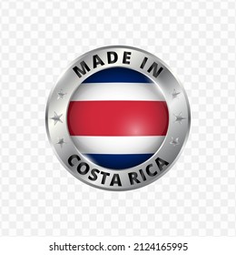 Vector illustration Round silver badge. Made in Costa Rica on transparent background 