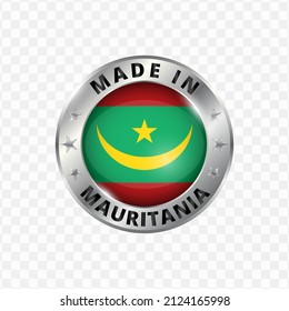 Vector illustration Round silver badge. Made in Mauritania on transparent background 