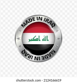Vector illustration Round silver badge. Made in Iraq on transparent background 