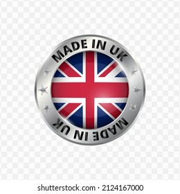 Vector illustration Round silver badge. Made in United Kingdom on transparent background 