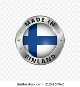 Vector illustration Round silver badge. Made in Finland on transparent background 