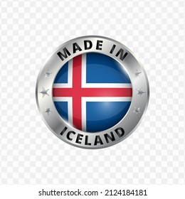 Vector illustration Round silver badge. Made in Iceland on transparent background 