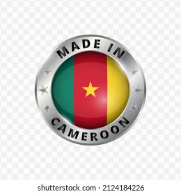 Vector illustration Round silver badge. Made in Cameroon on transparent background 