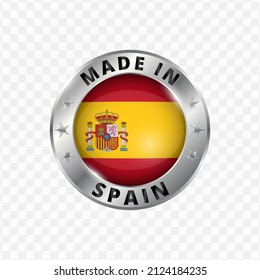 Vector illustration Round silver badge. Made in Spain on transparent background