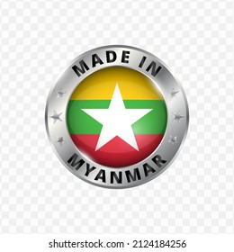 Vector illustration Round silver badge. Made in Myanmar on transparent background (PNG).