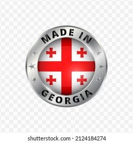 Vector illustration Round silver badge. Made in Georgia on transparent background (PNG).