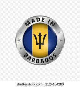 Vector illustration Round silver badge. Made in Barbados on transparent background (PNG).