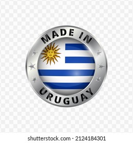 Vector illustration Round silver badge. Made in Uruguay on transparent background (PNG).