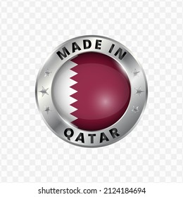 Vector illustration Round silver badge. Made in Qatar on transparent background 
