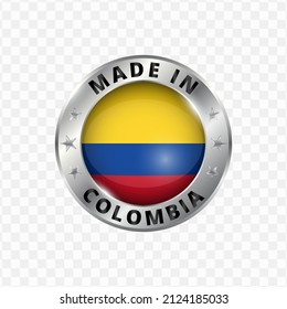 Vector illustration Round silver badge. Made in Colombia on transparent background 