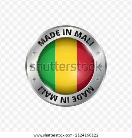 Vector illustration Round silver badge. Made in Mali on transparent background 