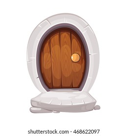 vector Illustration of round small door with handle and old porch steps. wood material. cartoon Picture for 2D game design. Isolate on white background