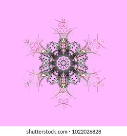 Vector illustration. Round vector snowflake. Abstract winter neutral, gray and pink ornament. Fine snowflake. Isolated cute snowflakes on colorful background.