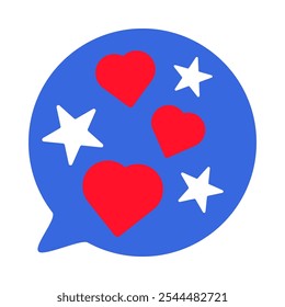 Ilustración vectorial de una burbuja de discurso redondo con corazones y estrellas de la colección de iconos con temas de banderas estadounidenses. Una celebración de la cultura y la identidad estadounidenses. Celebraciones del Día de la Independencia, un