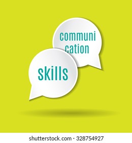 Vector illustration. Round speech bubbles with words communication skills. Motivational poster, website design element, interior decor element.
