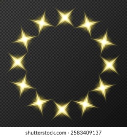 Vector illustration of a round star frame with flashes of light on a transparent background. Suitable for holiday decorations, holiday themes, event invitations or decorative projects.