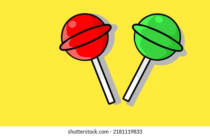 Vector illustration. Round stick candy with strawberry and apple flavour. on a yellow background.