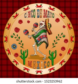 vector illustration round sticker on the theme of the Mexican holiday Cinco de mayo skeleton in a sombrero playing maracas among the flowers of roses