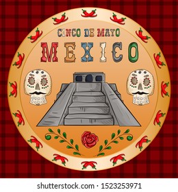 vector illustration round sticker on the theme of the Mexican holiday Cinco de mayo pyramid of Indians and skulls