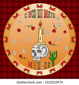 vector illustration round sticker on the theme of the Mexican holiday Cinco de mayo skull on which stands a burning candle among the flowers of roses