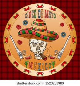 vector illustration round sticker on the theme of the Mexican holiday Cinco de mayo skull with a cigar in a sombrero on the sides pistols revolvers among the flowers of roses