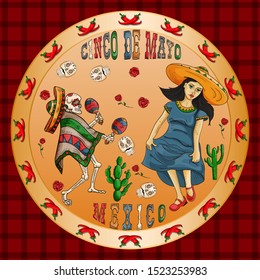 vector illustration round sticker on the theme of the Mexican holiday Cinco de mayo girl dancing and skeleton playing maracas among the flowers of roses