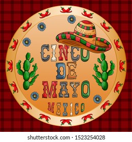 vector illustration round sticker on the theme of the Mexican holiday Cinco de mayo sombrero hat wearing lettering and cacti on the sides