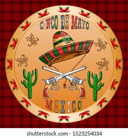 vector illustration round sticker on the theme of the Mexican holiday Cinco de mayo sombrero hat and two pistols revolver