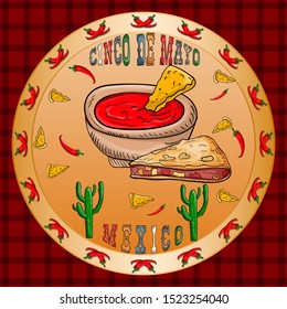 vector illustration round sticker on Mexican holiday Cinco de mayo food Taco plate of hot red sauce