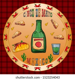 vector illustration round sticker on the theme of Mexican holiday Cinco de mayo bottle and glass with Taco food drink