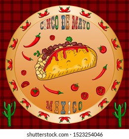 vector illustration round sticker on the theme of Mexican holiday Cinco de mayo Taco food surrounded by chili pepper and tomato