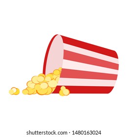 Vector illustration of a round striped popcorn bucket lying on its side with pop corn spilling out of it. Movie snack. Time to watch and eat. Isolated in white background. Flat clip-art