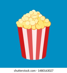 Vector illustration of a round striped popcorn box bucket with pop corn . Movie snack. Time to watch and eat. Isolated in white background. Flat clip-art