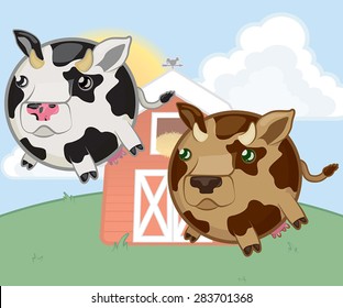 A vector illustration of round, stubby-legged cow characters.  Includes a black and white cow and a brown spotted cow.