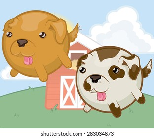 A vector illustration of round, stubby-legged dog characters.  Includes a golden-brown dog and a cream color dog with brown spots.