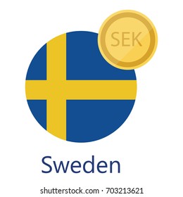 Vector illustration round Sweden flag and currency symbol SEK. Swedish Krona
