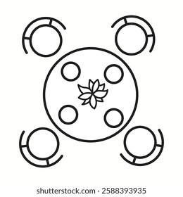 Vector illustration of a round table with four chairs and a decorative centerpiece seen from a top view. Ideal for dining room interior design and restaurant planning.